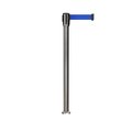 Montour Line Retractable Belt Fixed Stanchion, 2ft Sat.Steel Post  9ft. Blue Belt MX530F-SS-BL-90